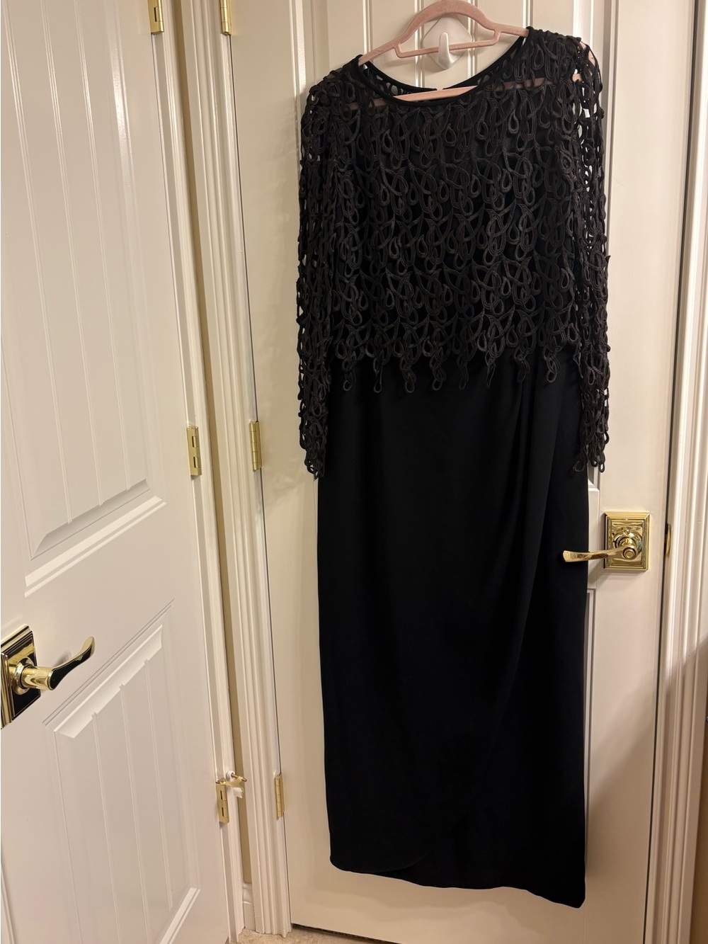 VINTAGE CATTIVA Luxury Formal Evening Gown Black Openwork Lace Top Sleeves 14
